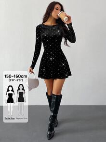 SHEIN PETITE 女款黑色與銀色天鵝絨銀箔波點迷你洋裝，秋季優雅派對晚宴長袖新年派對洋裝，適合嬌小女性 - 黑色 - 查看 1