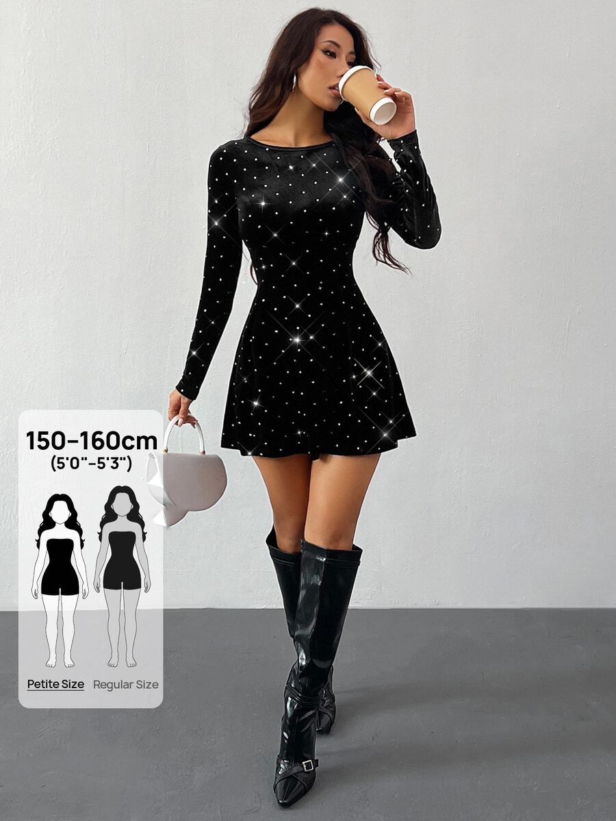 SHEIN PETITE 女款黑色與銀色天鵝絨銀箔波點迷你洋裝,秋季優雅派對晚宴長袖新年派對洋裝,適合嬌小女性 - 黑色 - 查看 1