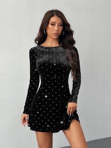 SHEIN PETITE 女款黑色與銀色天鵝絨銀箔波點迷你洋裝，秋季優雅派對晚宴長袖新年派對洋裝，適合嬌小女性 - 黑色 - 查看 4