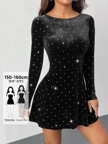 SHEIN PETITE 女款黑色與銀色天鵝絨銀箔波點迷你洋裝，秋季優雅派對晚宴長袖新年派對洋裝，適合嬌小女性 - 黑色 - 查看 9