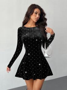 SHEIN PETITE 女款黑色與銀色天鵝絨銀箔波點迷你洋裝，秋季優雅派對晚宴長袖新年派對洋裝，適合嬌小女性 - 黑色 - 查看 5