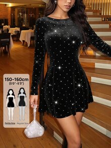 SHEIN PETITE 女款黑色與銀色天鵝絨銀箔波點迷你洋裝，秋季優雅派對晚宴長袖新年派對洋裝，適合嬌小女性 - 黑色 - 查看 8