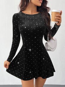 SHEIN PETITE 女款黑色與銀色天鵝絨銀箔波點迷你洋裝，秋季優雅派對晚宴長袖新年派對洋裝，適合嬌小女性 - 黑色 - 查看 6