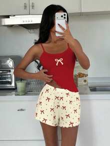 ZzzCrew Sexy Slim Fit Short Bow Print Camisole & Shorts Pajama Set - Multicolor - View 3