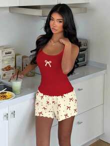 ZzzCrew Sexy Slim Fit Short Bow Print Camisole & Shorts Pajama Set - Multicolor - View 4