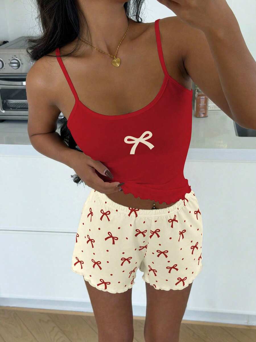 ZzzCrew Sexy Slim Fit Short Bow Print Camisole & Shorts Pajama Set - Multicolor - View 1