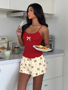 ZzzCrew Sexy Slim Fit Short Bow Print Camisole & Shorts Pajama Set - Multicolor - View 5
