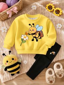 SHEIN Baby Girl Bee Pattern Crew Neck Sweatshirt And Pants Set Back-To-School Butter Yellow Black Polka Dot Autumn Cute - Multicolor - View 1