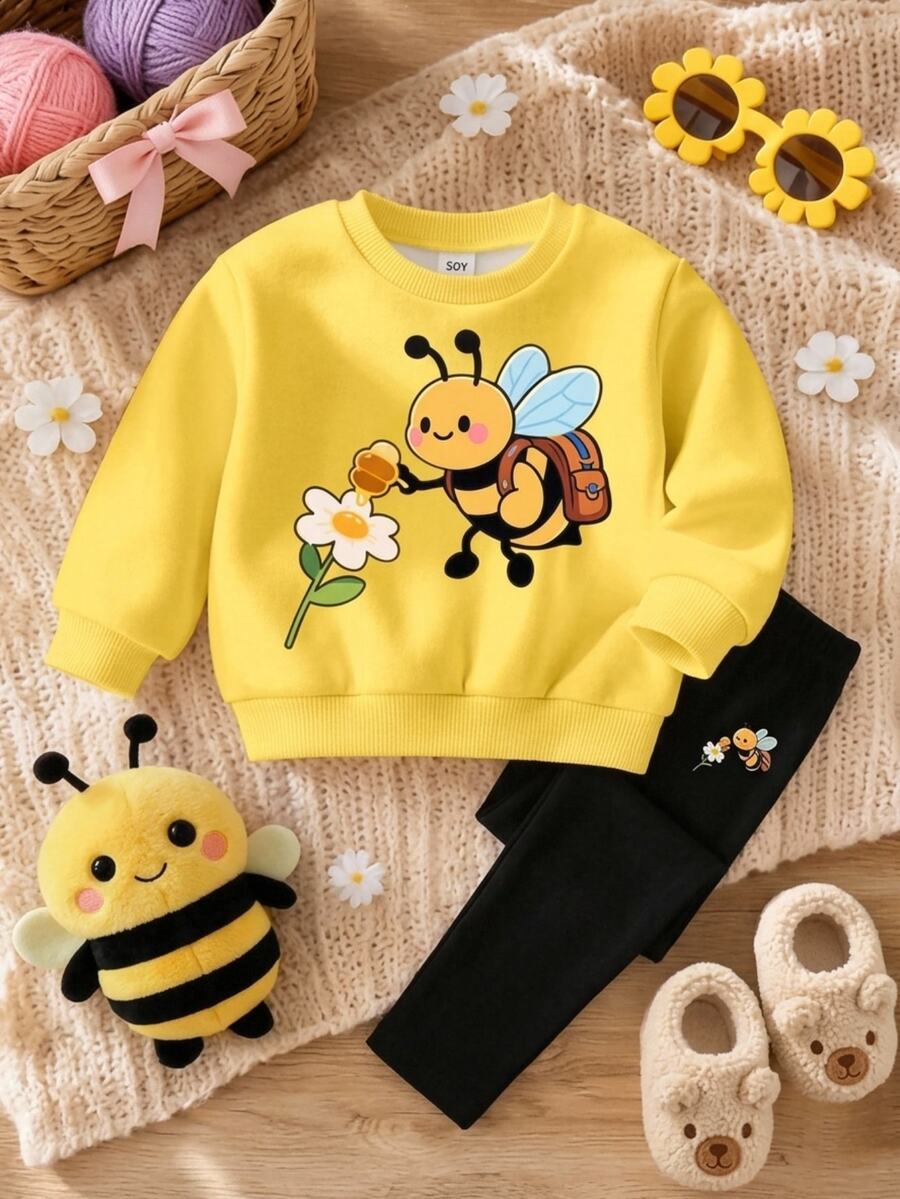 SHEIN Baby Girl Bee Pattern Crew Neck Sweatshirt And Pants Set Back-To-School Butter Yellow Black Polka Dot Autumn Cute - Multicolor - View 1