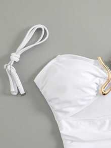 Swim Oasis 2025新款女士纯色无肩带镂空泳衣搭配网纱长裙，沙滩度假夏季休闲套装 - 白色 - 查看 7