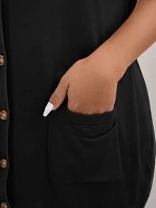 Easowa Curve Plus Size Women's Solid Color Fall Black Sweater Cardigan With Pockets Holiday Winter - Black - View 5