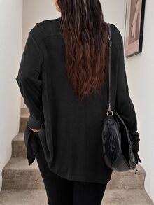 Easowa Curve Plus Size Women's Solid Color Fall Black Sweater Cardigan With Pockets Holiday Winter - Black - View 2