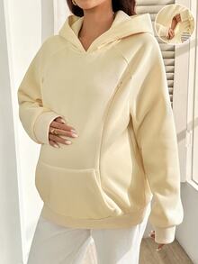 SHEIN Maternity Nursing Long Sleeve Pocket Hooded Sweatshirt Winter - Apricot - View 7