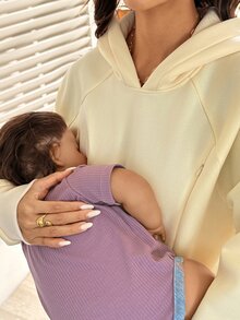 SHEIN Maternity Nursing Long Sleeve Pocket Hooded Sweatshirt Winter - Apricot - View 4