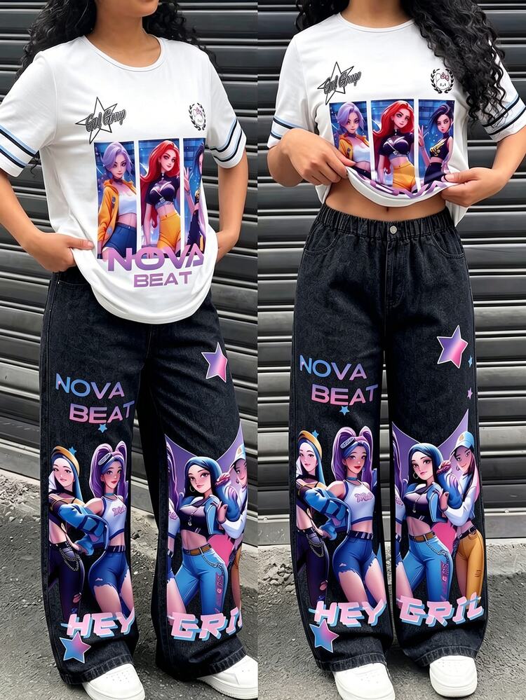SHEIN Sparklyn Tween Girls 2pcs/Set Outfit, Digital Printing Technique, Beach, Outfits, Concert, Fitted, Chic, Leggings, Gym, Yoga, Casual, Y2K - Multicolor - View 1