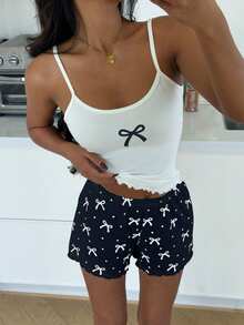 ZzzCrew Sexy Bow Print Camisole And Shorts Pajama Set - White - View 1