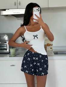 ZzzCrew Sexy Bow Print Camisole And Shorts Pajama Set - White - View 3