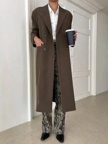 DAZY معطف طويل ذو صدر مزدوج وياقة لاقطة، ملابس خريفية للنساء رمضان - شوكولاته بني - مشاهدة 3
