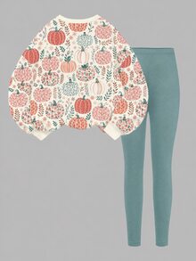 南瓜杏色橘色，甜美田園彩色南瓜花卉插畫圖案，青少年女孩休閒極簡寬鬆圓領衛衣與內搭褲套裝，適合秋冬日常、農場、萬聖節、感恩節，舒適氛圍，秋季氛圍舒適季節 - 白色 - 查看 2