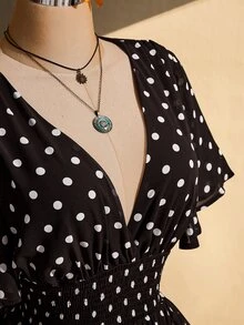 SHEIN ICON 大尺碼荷葉袖V領收腰A字洋裝，適合海灘婚禮度假，波希米亞嬉皮Y2K風，夏季情人節優雅穿搭 - 棕色 - 查看 6