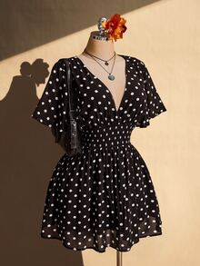 SHEIN ICON 大尺碼荷葉袖V領收腰A字洋裝，適合海灘婚禮度假，波希米亞嬉皮Y2K風，夏季情人節優雅穿搭 - 棕色 - 查看 4