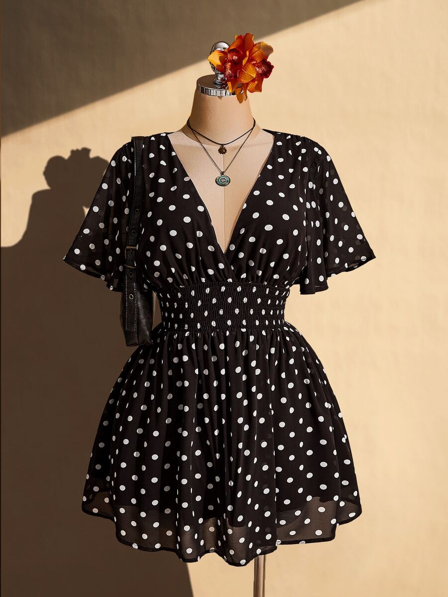 SHEIN ICON 大尺碼荷葉袖V領收腰A字洋裝,適合海灘婚禮度假,波希米亞嬉皮Y2K風,夏季情人節優雅穿搭 - 棕色 - 查看 1