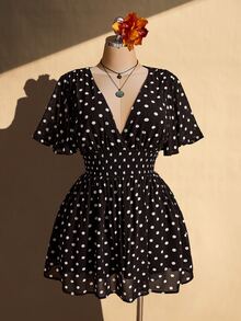 SHEIN ICON 大尺碼荷葉袖V領收腰A字洋裝，適合海灘婚禮度假，波希米亞嬉皮Y2K風，夏季情人節優雅穿搭 - 棕色 - 查看 3