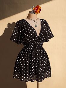 SHEIN ICON 大尺碼荷葉袖V領收腰A字洋裝，適合海灘婚禮度假，波希米亞嬉皮Y2K風，夏季情人節優雅穿搭 - 棕色 - 查看 5