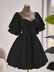 Franclia Plus Size Elegant Solid Color Waist Cinched Dress, Summer - Black - View 3