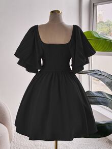 Franclia Plus Size Elegant Solid Color Waist Cinched Dress, Summer - Black - View 2