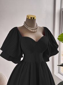 Franclia Plus Size Elegant Solid Color Waist Cinched Dress, Summer - Black - View 6