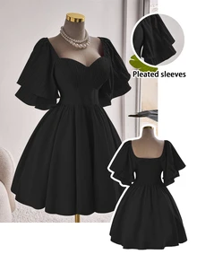 Franclia Plus Size Elegant Solid Color Waist Cinched Dress, Summer - Black - View 1