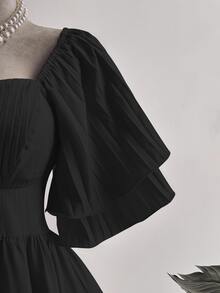 Franclia Plus Size Elegant Solid Color Waist Cinched Dress, Summer - Black - View 5
