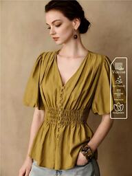 Arave Women's Blouse Slim Fit V-Neck Button Front Puff Sleeve Smocked Waist Elegant Vintage Business Casual Ginger Blouses For Women Thanksgiving