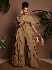 Maweii Plus Size Women Cinched Waist Ruffle Trim Jumpsuit, Stylish And Elegant For Commuting - Brown - View 5