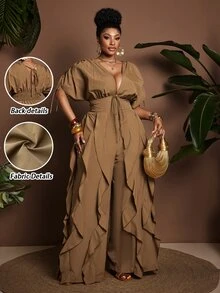 Maweii Plus Size Women Cinched Waist Ruffle Trim Jumpsuit, Stylish And Elegant For Commuting - Brown - View 1