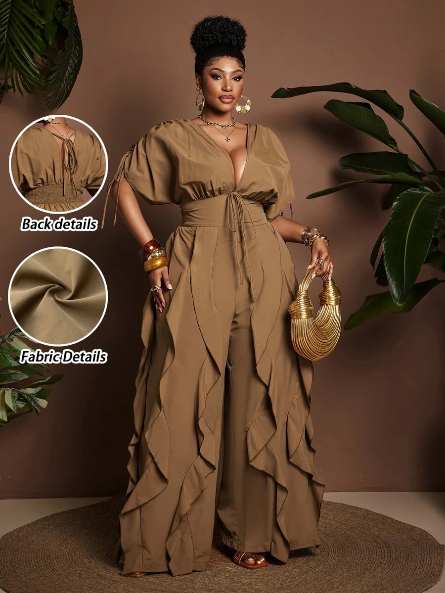 Maweii Plus Size Women Cinched Waist Ruffle Trim Jumpsuit, Stylish And Elegant For Commuting - Brown - View 1