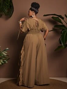 Maweii Plus Size Women Cinched Waist Ruffle Trim Jumpsuit, Stylish And Elegant For Commuting - Brown - View 6