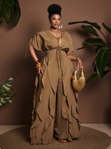 Maweii Plus Size Women Cinched Waist Ruffle Trim Jumpsuit, Stylish And Elegant For Commuting - Brown - View 7