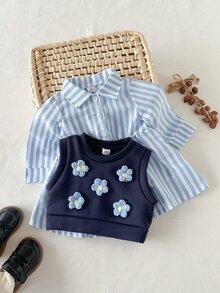 SHEIN 2件組幼女條紋洋裝背心套裝，甜美可愛，白色與海軍藍，3D花朵貼花，長袖翻領，生日節日派對秋季穿搭 - 黑與白 - 查看 5
