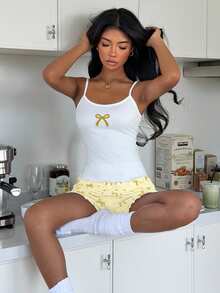 ZzzCrew Sexy Slim Fit Bow Print Camisole & Shorts Pajama Set - White - View 3