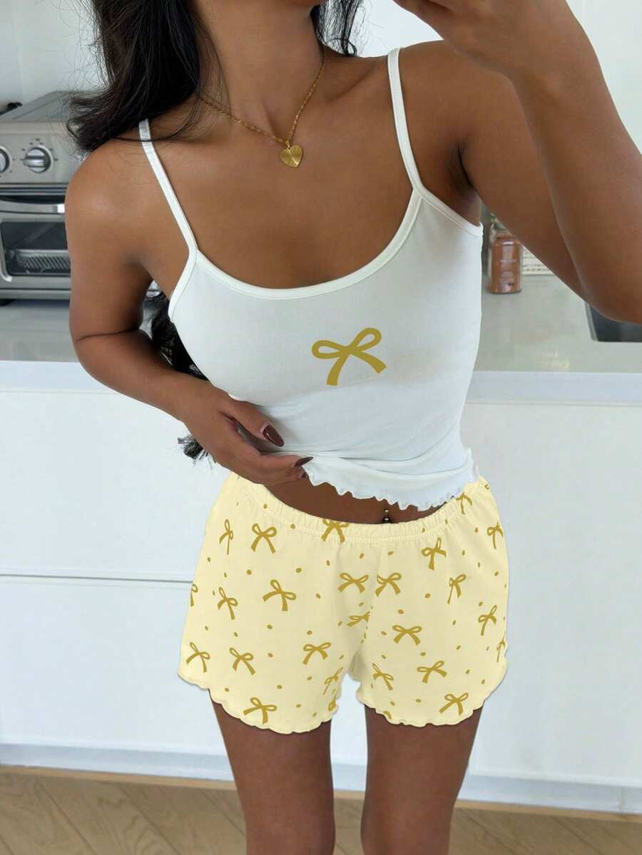 ZzzCrew Sexy Slim Fit Bow Print Camisole & Shorts Pajama Set - White - View 1