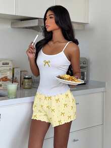 ZzzCrew Sexy Slim Fit Bow Print Camisole & Shorts Pajama Set - White - View 5