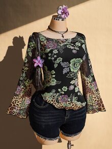 SHEIN ICON Plus Size Vintage Y2K Chinese Floral Print Bell Sleeve Asymmetrical Hem Mesh Knit Top - Multicolor - View 1