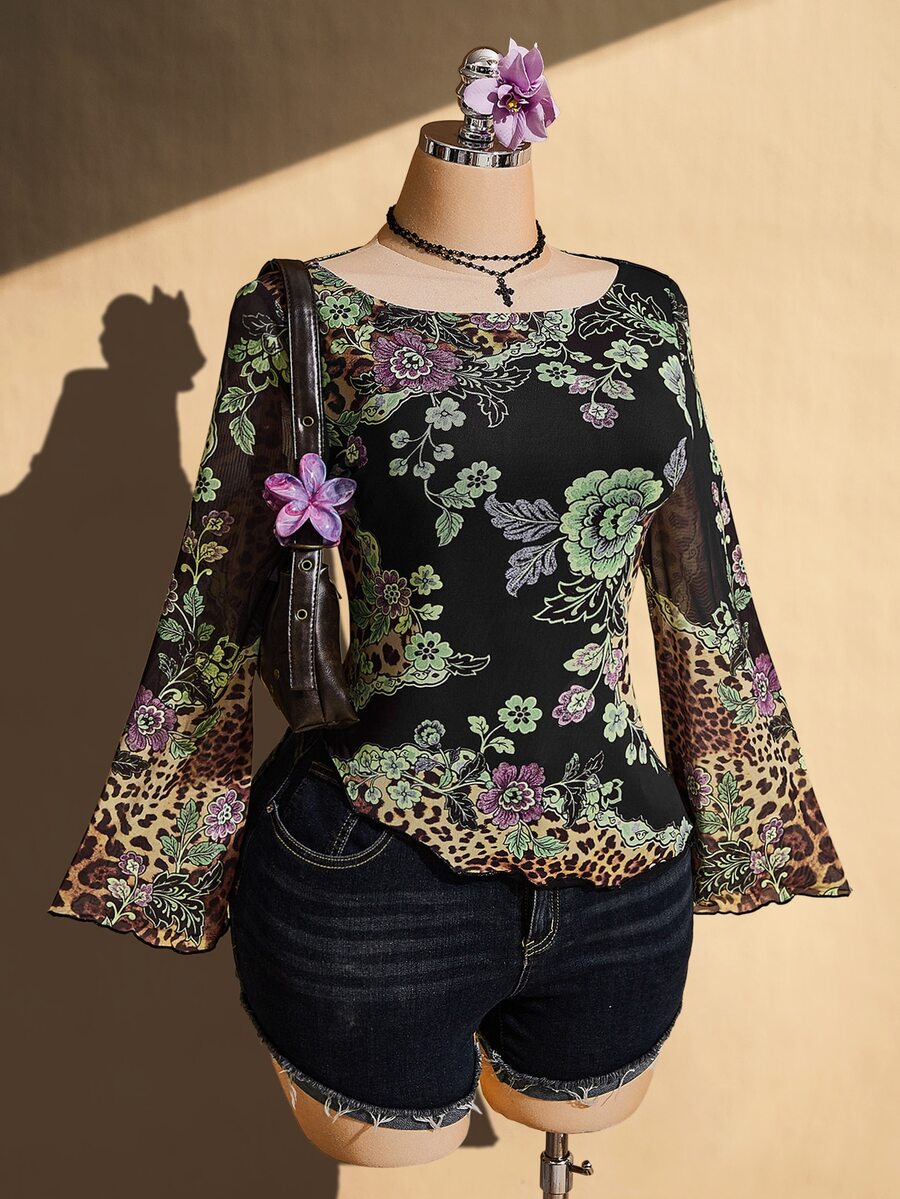 SHEIN ICON Plus Size Vintage Y2K Chinese Floral Print Bell Sleeve Asymmetrical Hem Mesh Knit Top - Multicolor - View 1