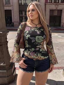 SHEIN ICON Plus Size Vintage Y2K Chinese Floral Print Bell Sleeve Asymmetrical Hem Mesh Knit Top - Multicolor - View 10