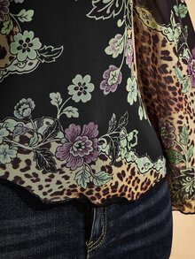 SHEIN ICON Plus Size Vintage Y2K Chinese Floral Print Bell Sleeve Asymmetrical Hem Mesh Knit Top - Multicolor - View 7