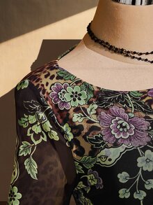 SHEIN ICON Plus Size Vintage Y2K Chinese Floral Print Bell Sleeve Asymmetrical Hem Mesh Knit Top - Multicolor - View 9