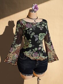 SHEIN ICON Plus Size Vintage Y2K Chinese Floral Print Bell Sleeve Asymmetrical Hem Mesh Knit Top - Multicolor - View 5