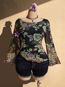 SHEIN ICON Plus Size Vintage Y2K Chinese Floral Print Bell Sleeve Asymmetrical Hem Mesh Knit Top - Multicolor - View 3